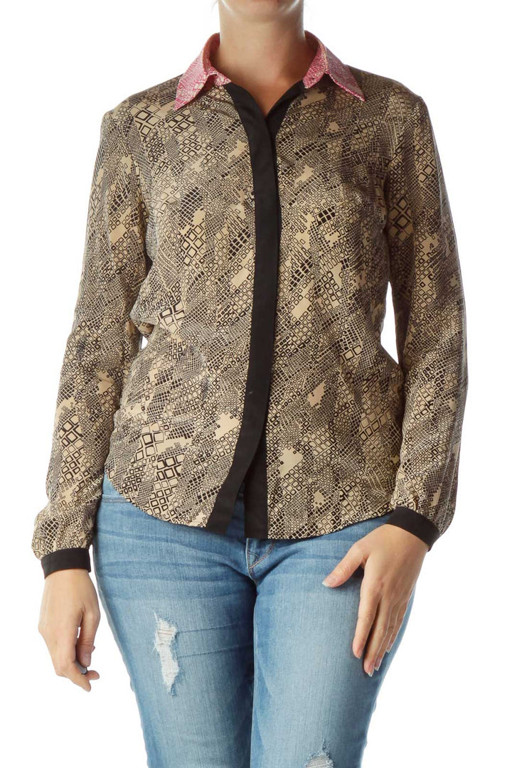 Beige Black Printed Silk Blouse