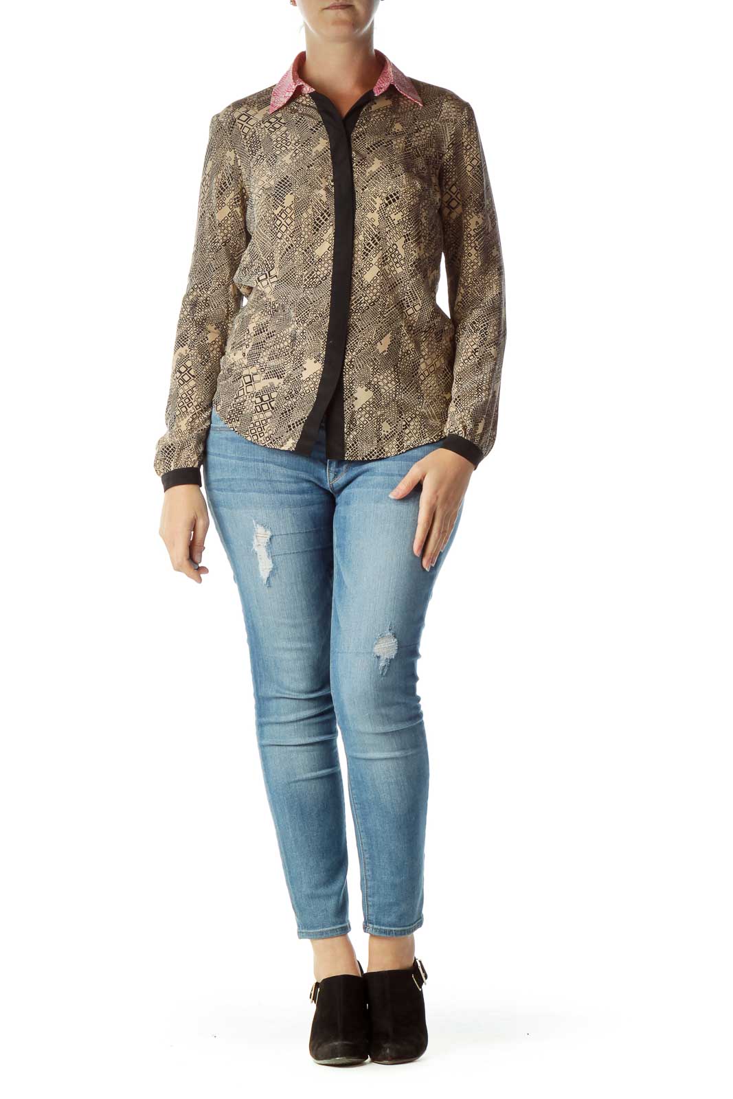 Beige Black Printed Silk Blouse