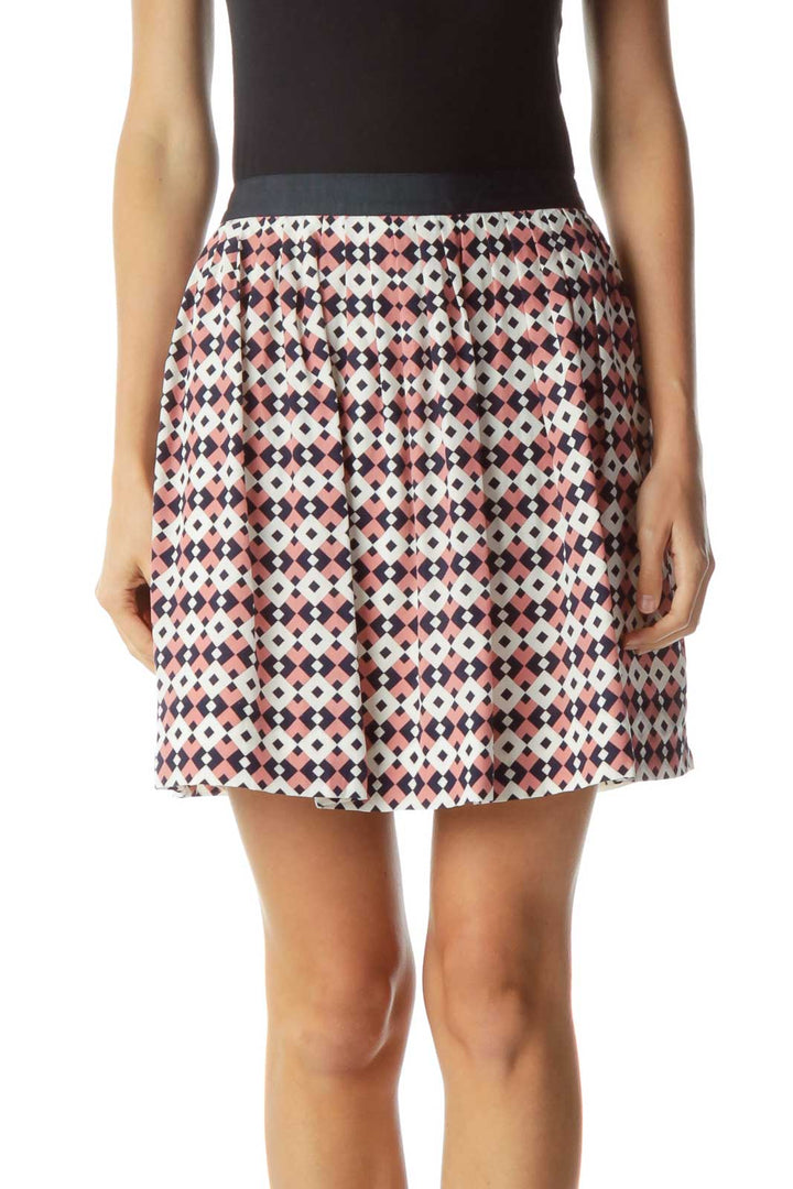 Navy Pink White Geometric Pleated Skirt