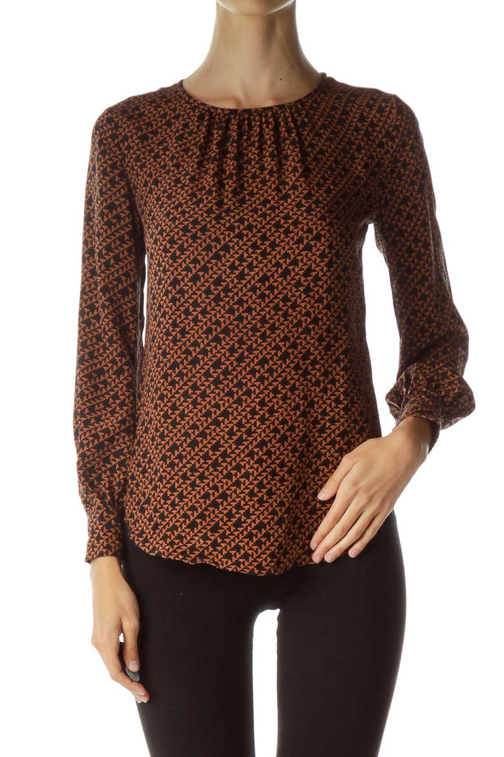 Black Brown Geometric Print Silk Blouse