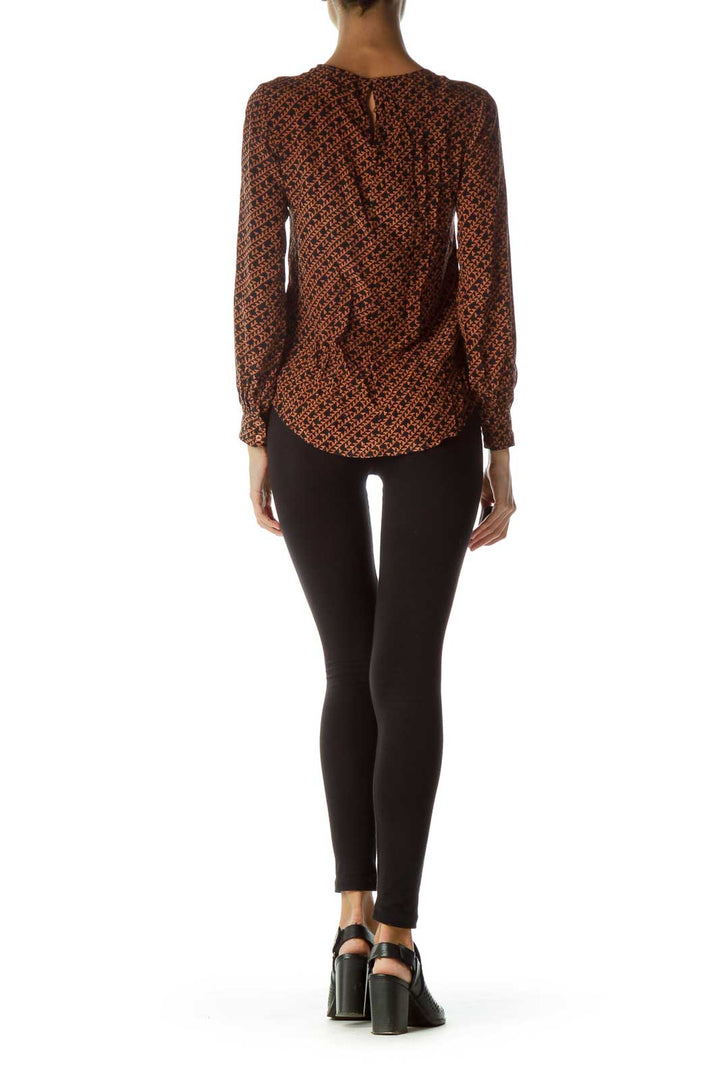 Black Brown Geometric Print Silk Blouse