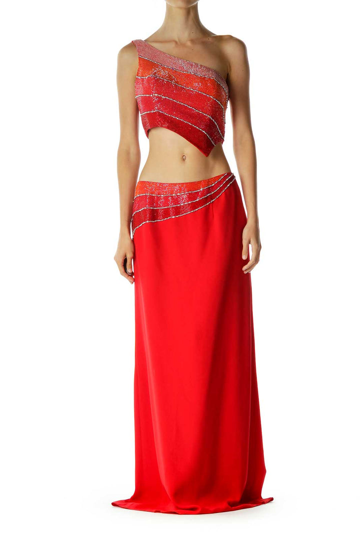 Red Beaded Off Shoulder Langha Gown