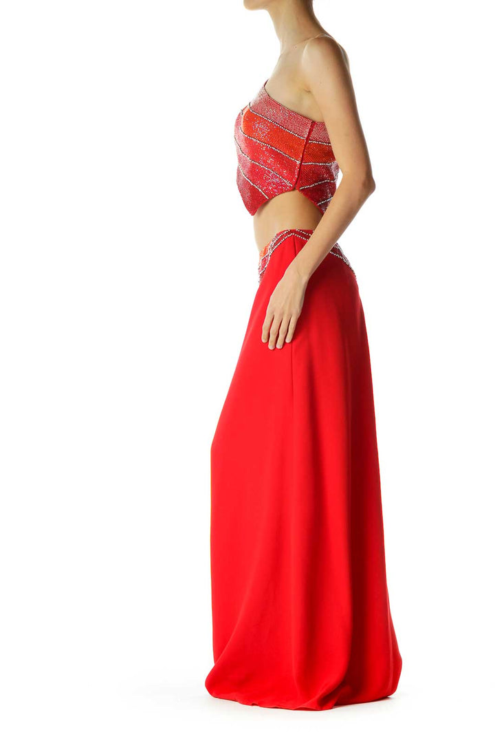 Red Beaded Off Shoulder Langha Gown