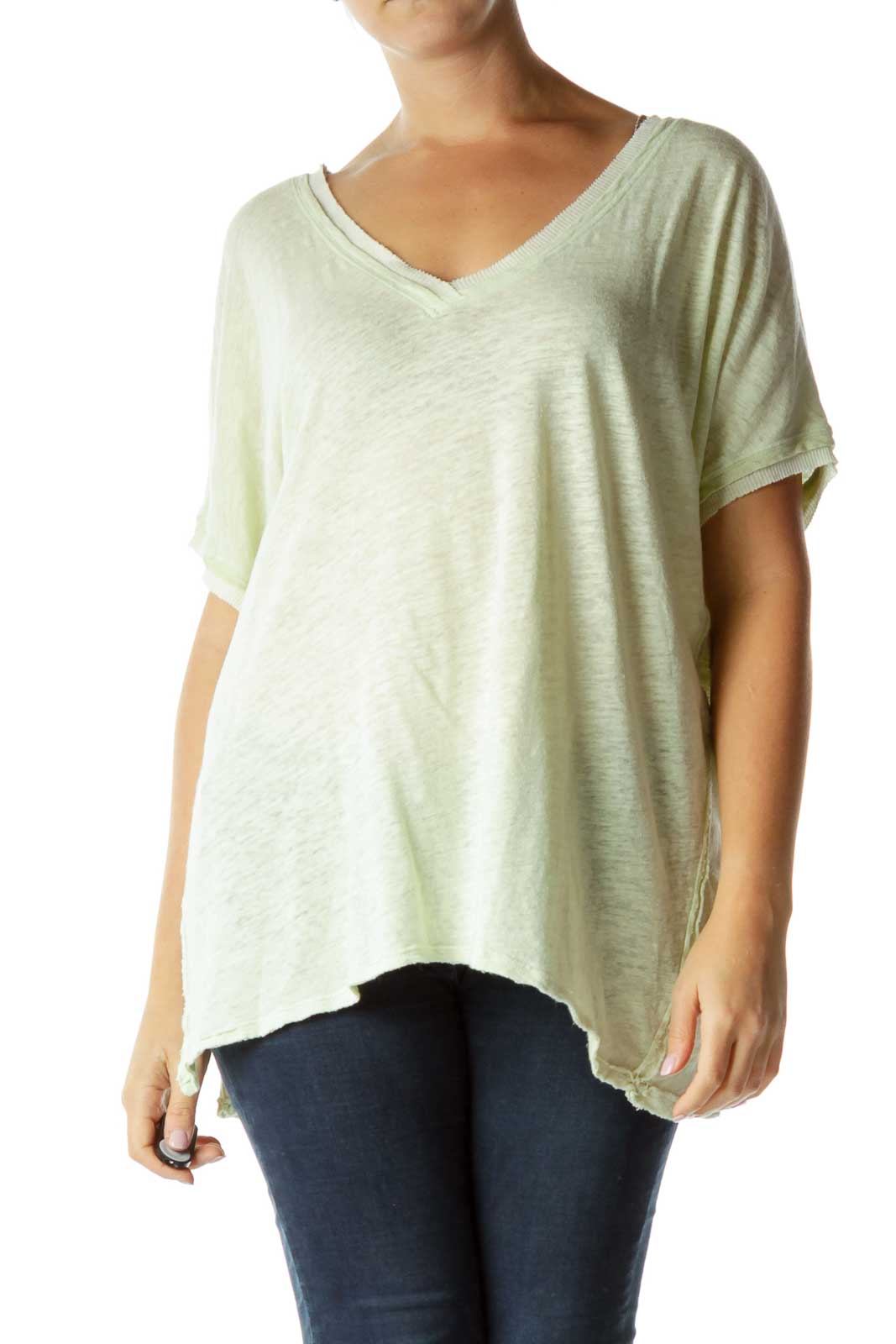 Front view of mint green oversized V-neck t-shirt from Free People