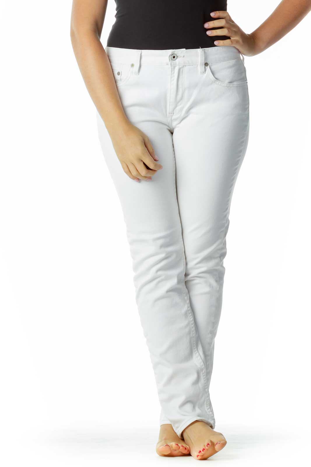 Front view of Ralph Lauren Sport white straight-leg jeans on model