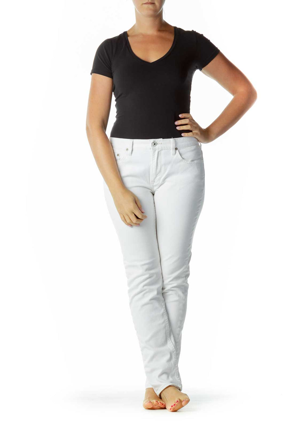 Front view of Ralph Lauren Sport white straight-leg jeans on model