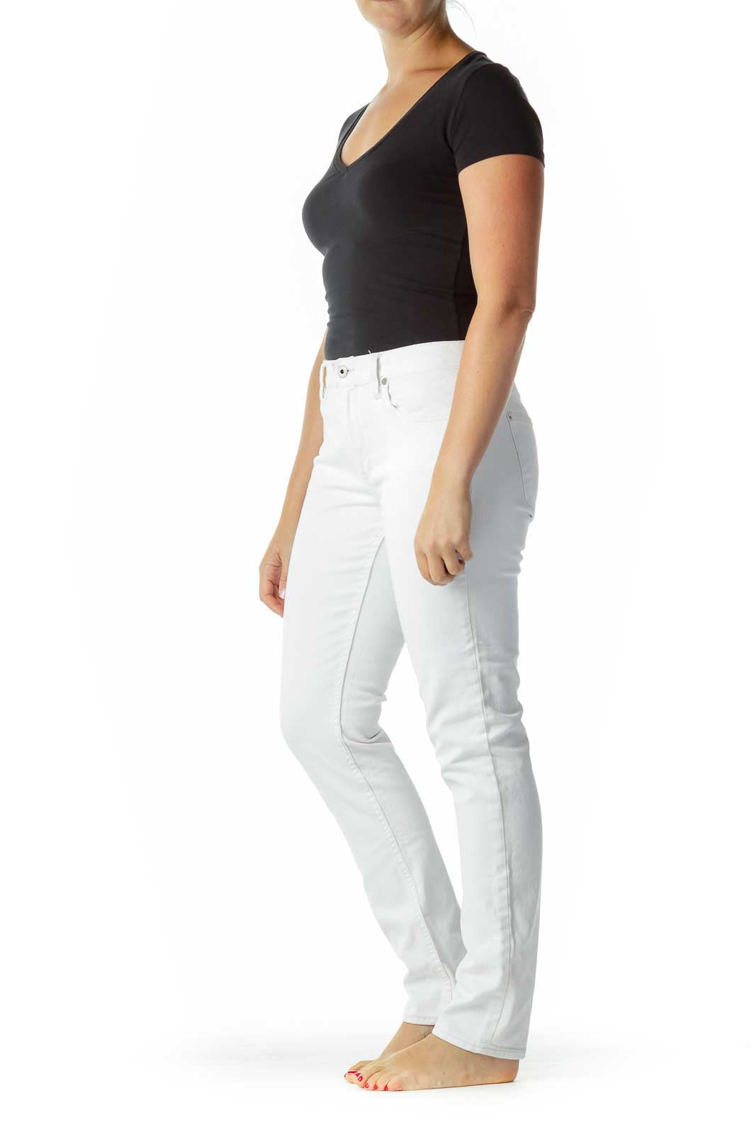 Front view of Ralph Lauren Sport white straight-leg jeans on model