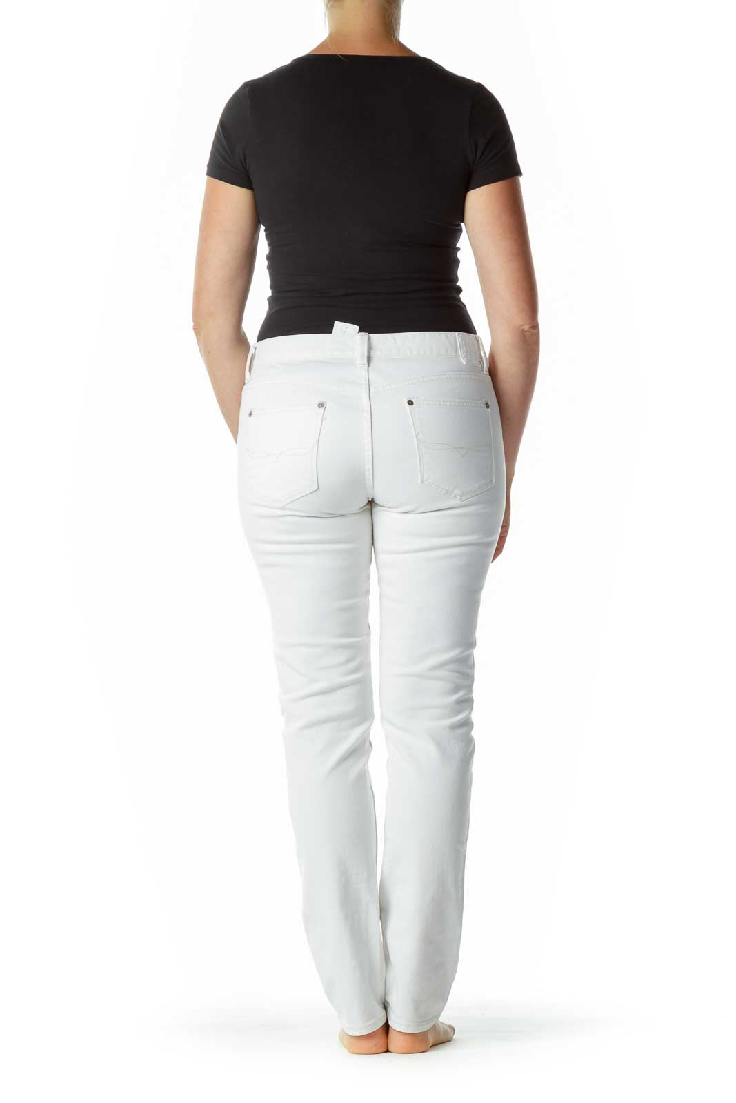 Back view of Ralph Lauren Sport white straight-leg jeans on model