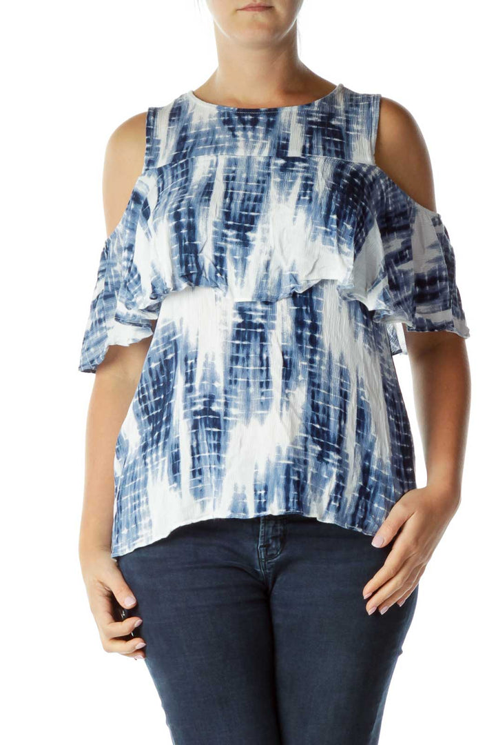 Blue White Cold Shoulder Top