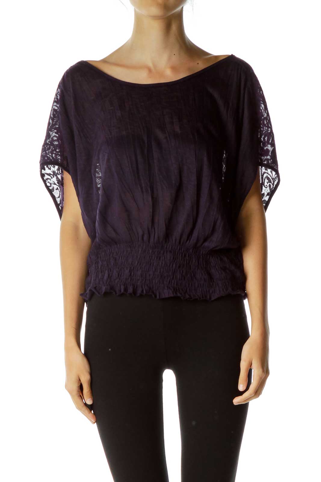 Front view of purple Free People batwing top with lace trim and smocked waist