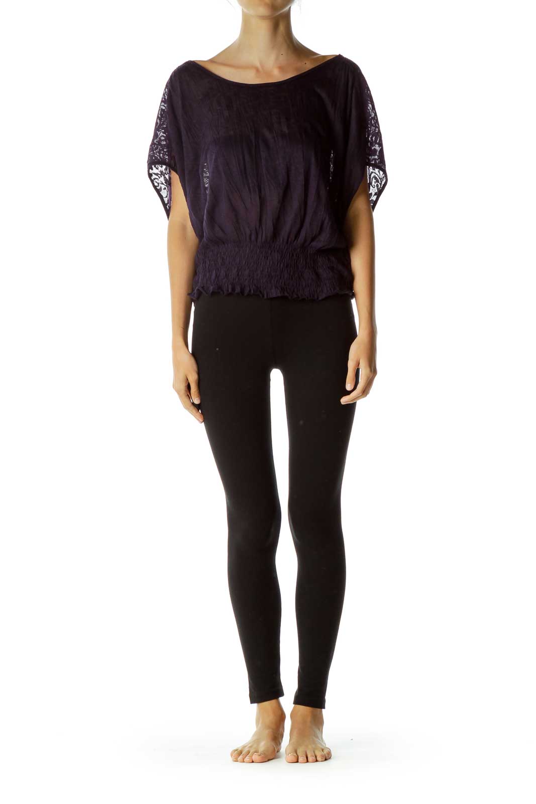 Front view of purple Free People batwing top with lace trim and smocked waist