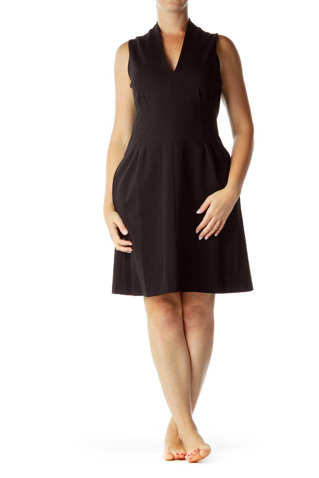 Black V-Neck Pleated Work Dress