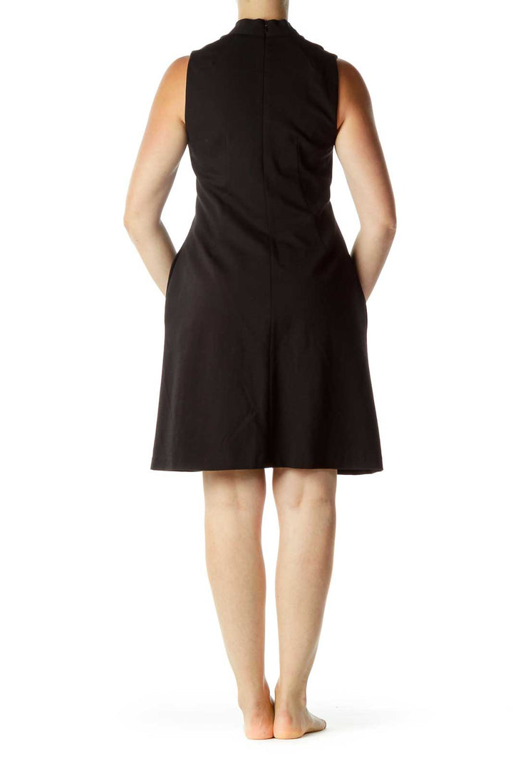 Black V-Neck Pleated Work Dress