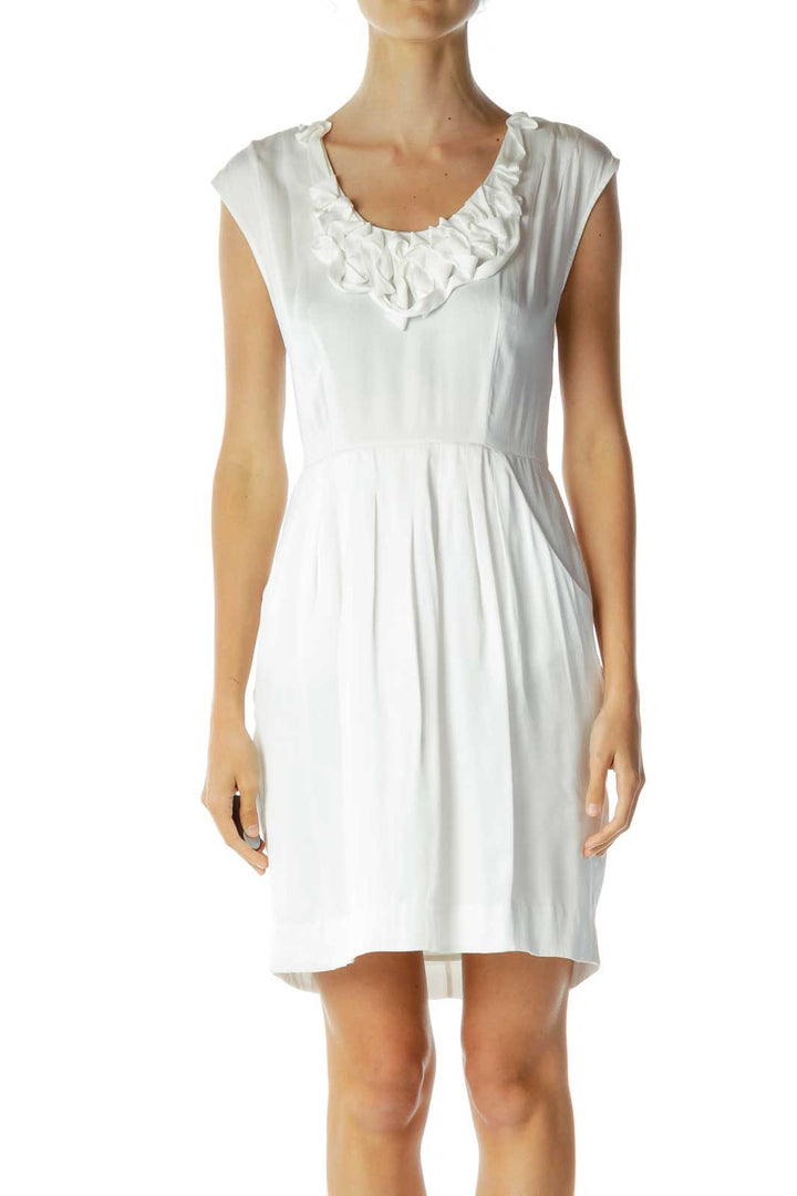 White Dress with Ruffled Neckline