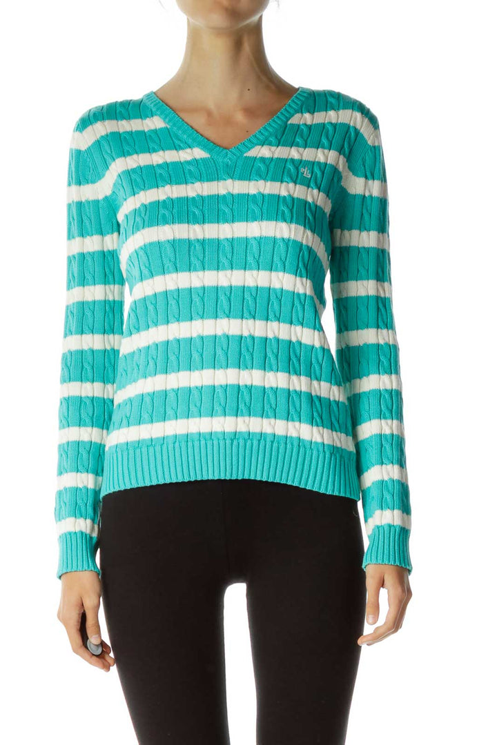 Blue White Striped V-Neck Sweater