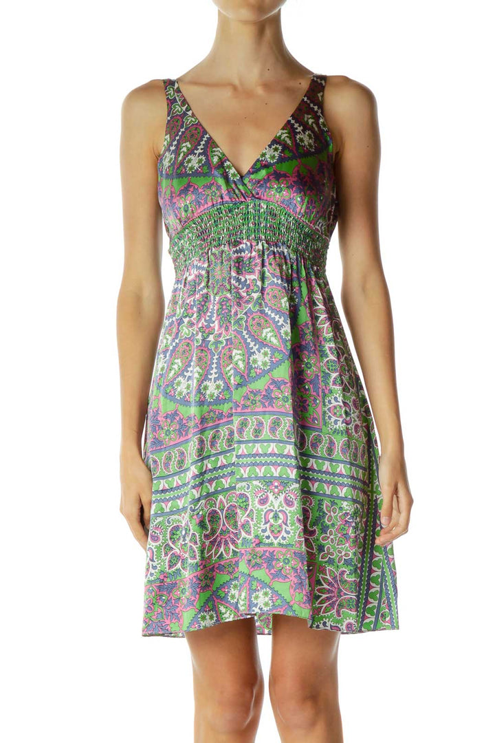 Multicolor Silk Paisley V-Neck Day Dress