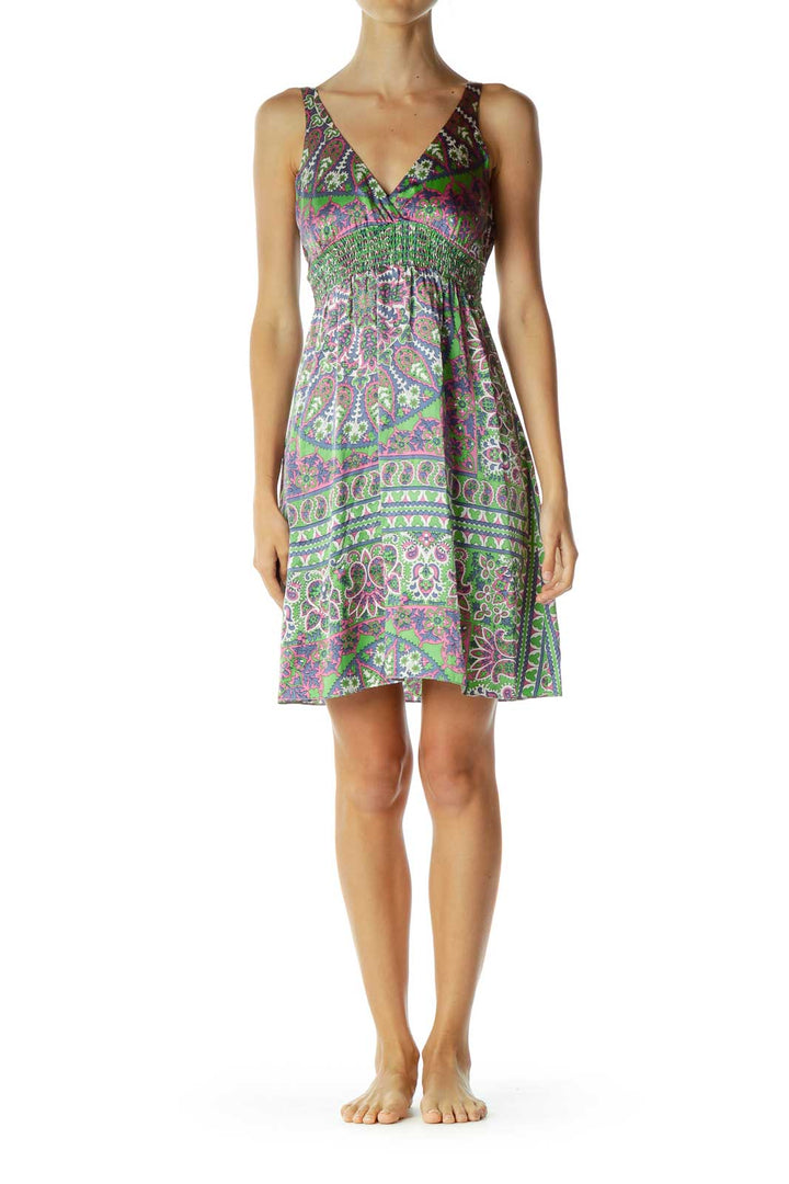 Multicolor Silk Paisley V-Neck Day Dress