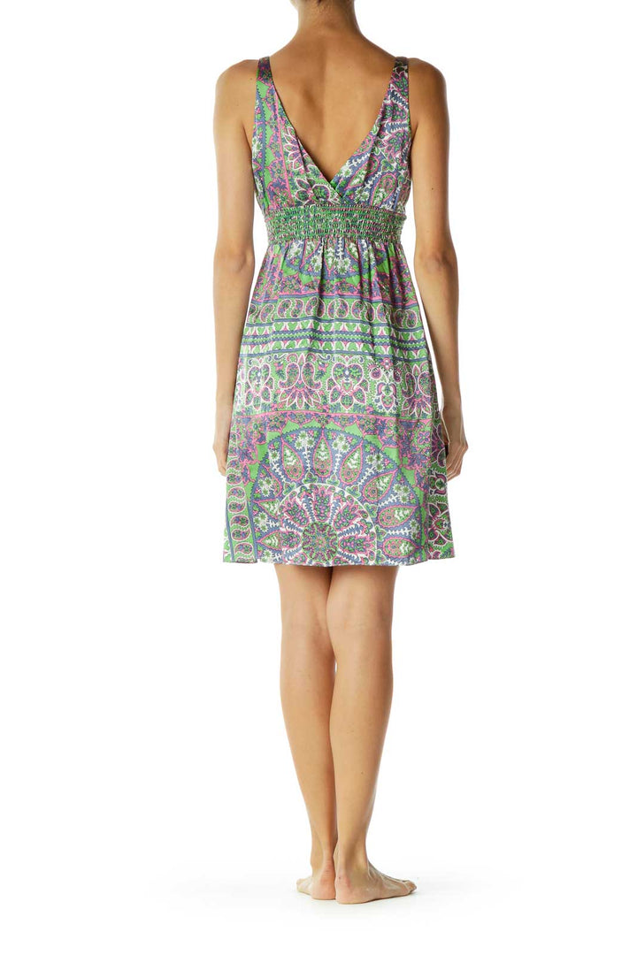 Multicolor Silk Paisley V-Neck Day Dress