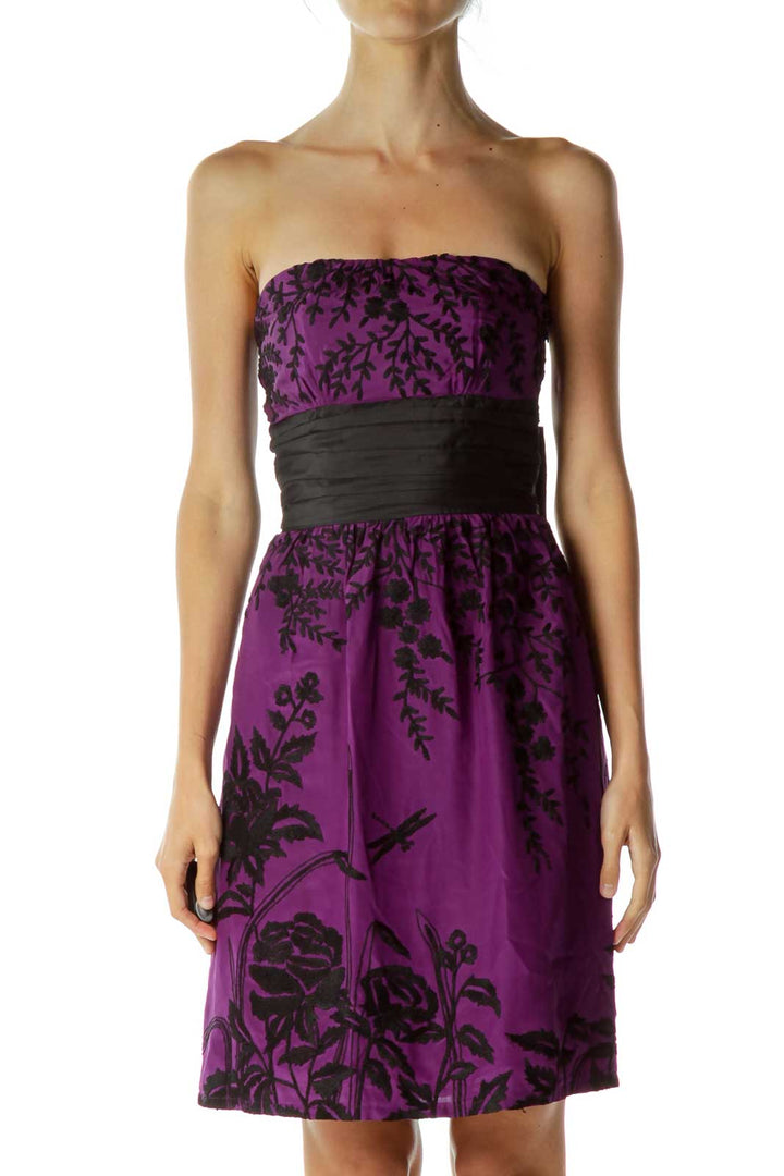 Purple Black Embroidered Strapless Dress