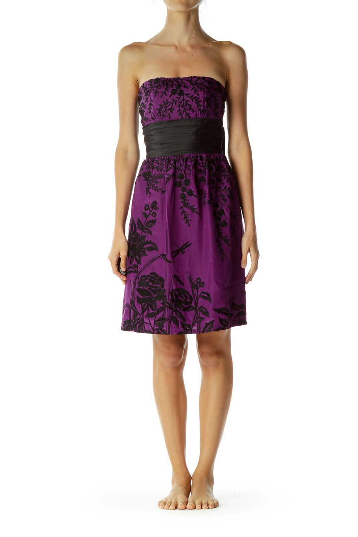 Purple Black Embroidered Strapless Dress