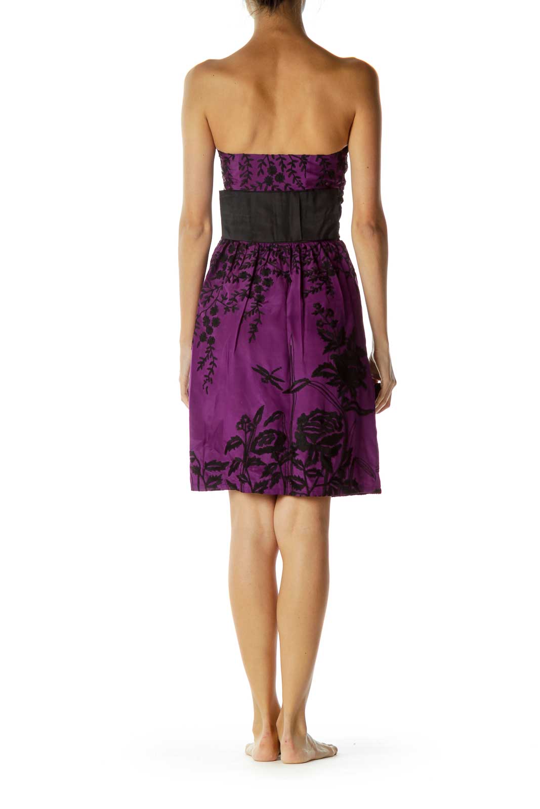 Purple Black Embroidered Strapless Dress