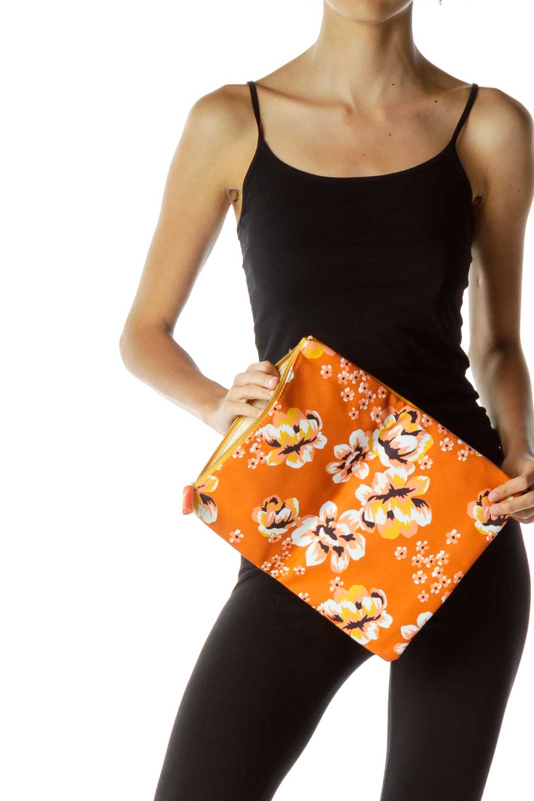 Yellow Leather & Canvas Flower Print Clutch