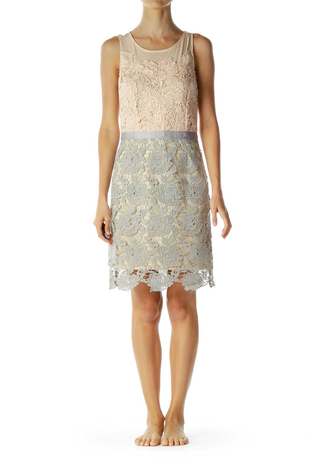 Beige Gray Lace Cocktail Dress