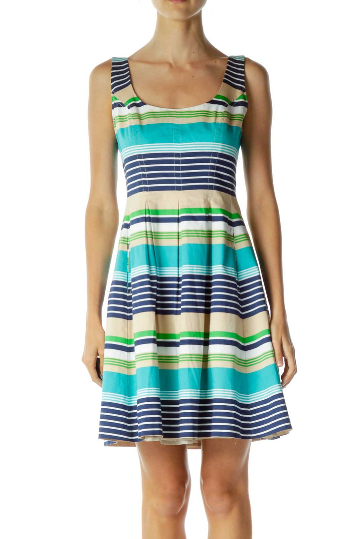 Blue Beige Striped Day Dress