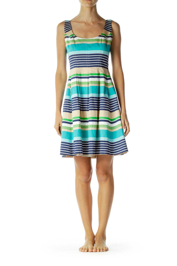 Blue Beige Striped Day Dress