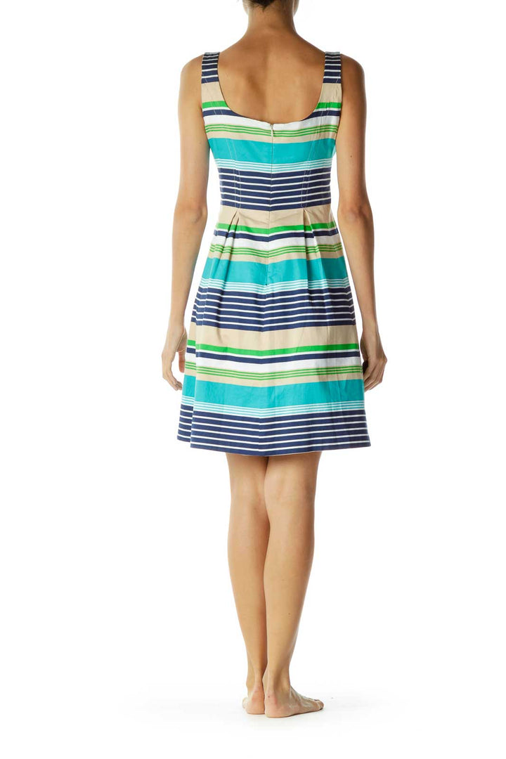 Blue Beige Striped Day Dress