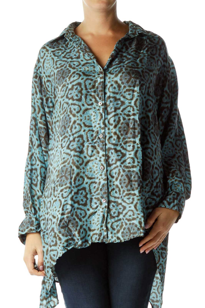 Blue Brown Loose Printed Silk Shirt