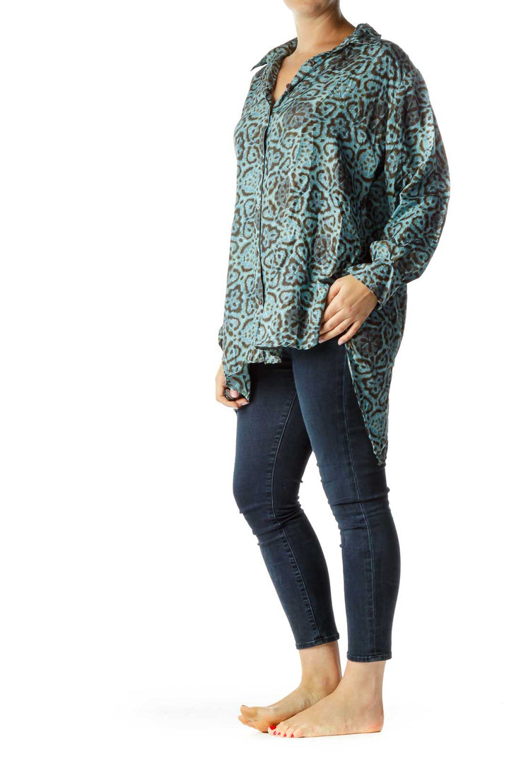 Blue Brown Loose Printed Silk Shirt