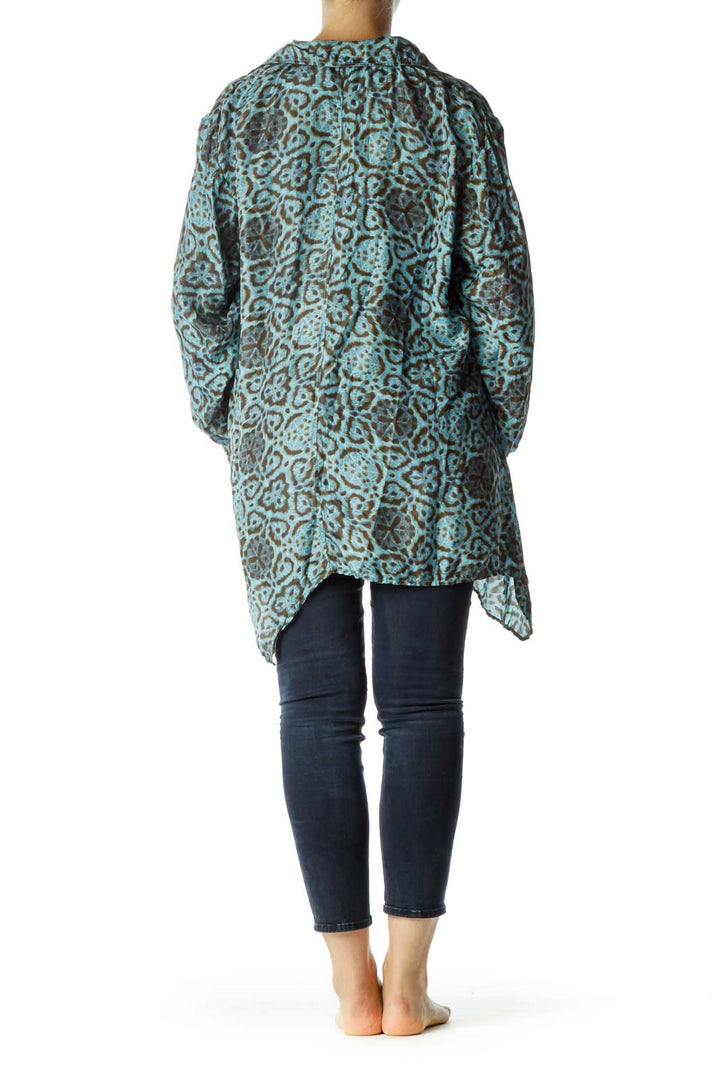 Blue Brown Loose Printed Silk Shirt