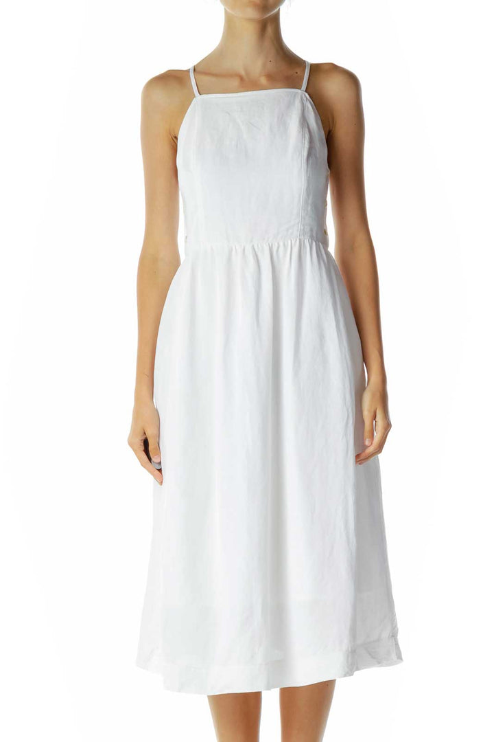 White Side Button Midi Dress