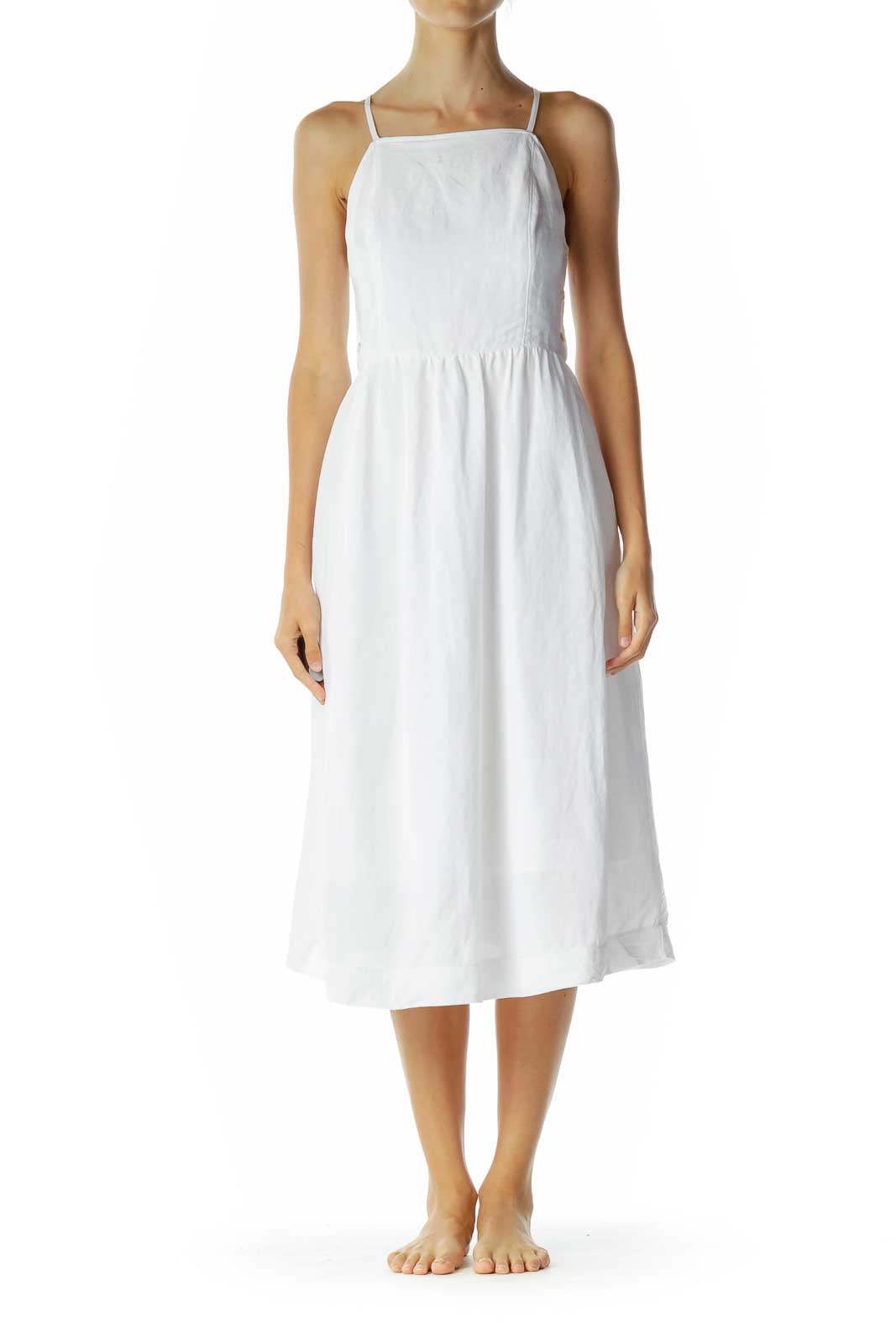 White Side Button Midi Dress