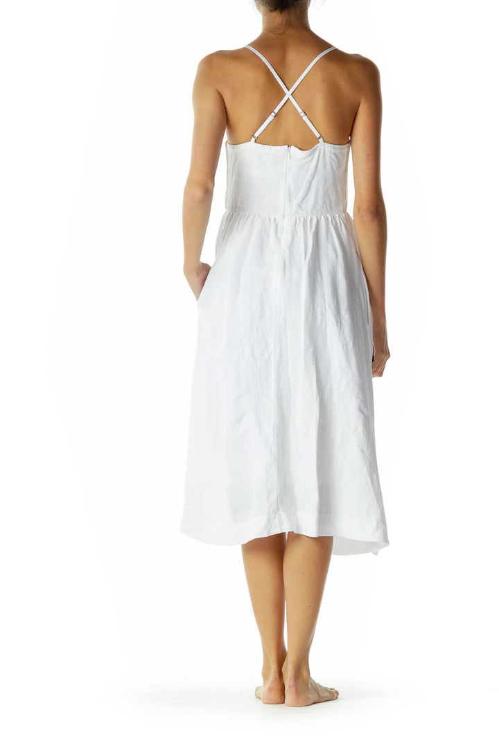 White Side Button Midi Dress