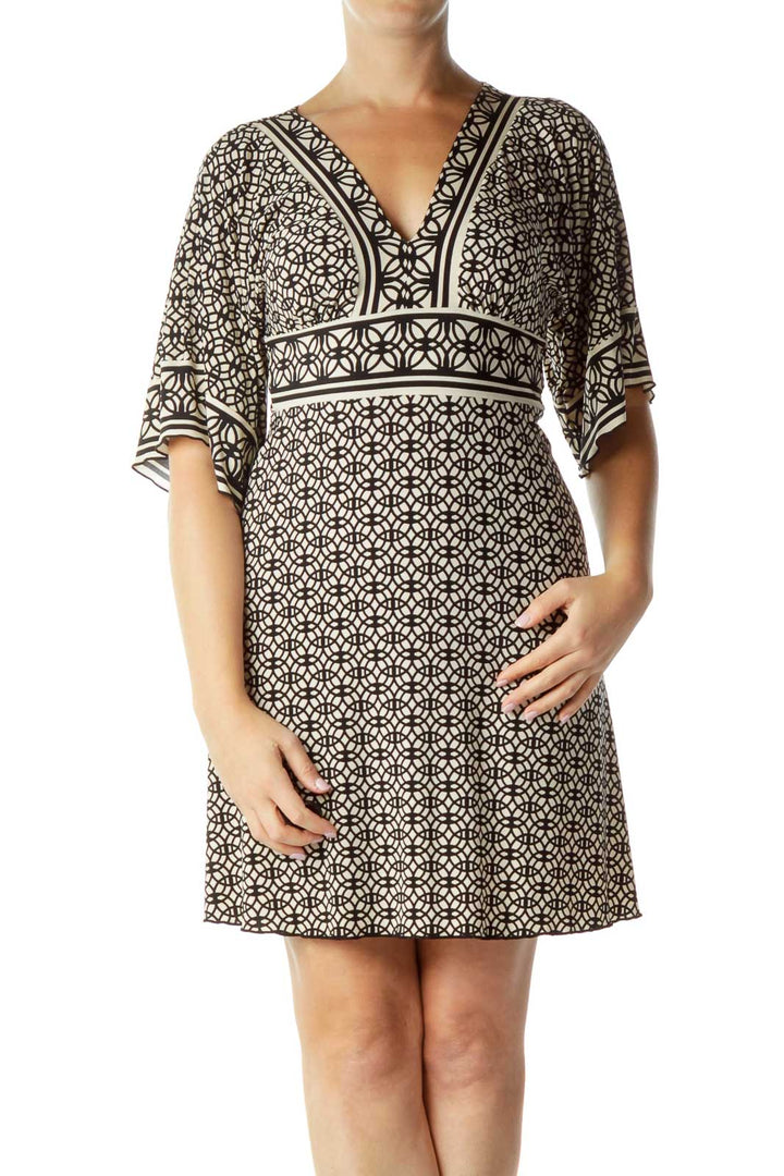 Black Beige Print Belted Jersey Dress