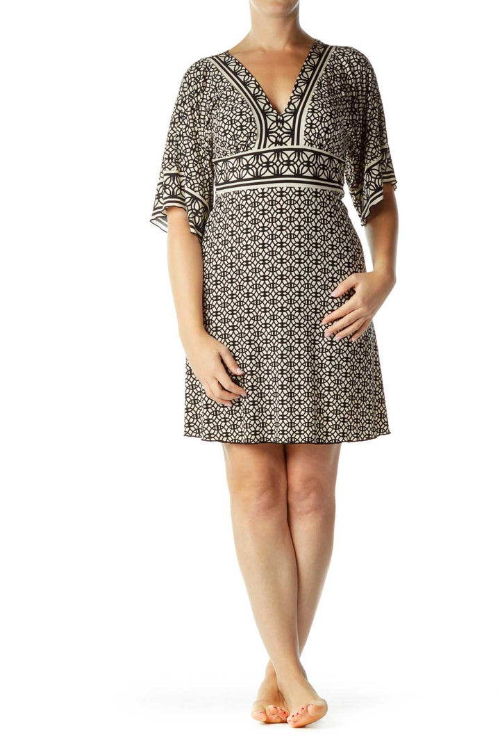 Black Beige Print Belted Jersey Dress