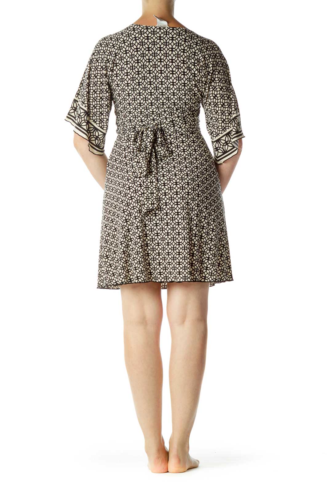 Black Beige Print Belted Jersey Dress