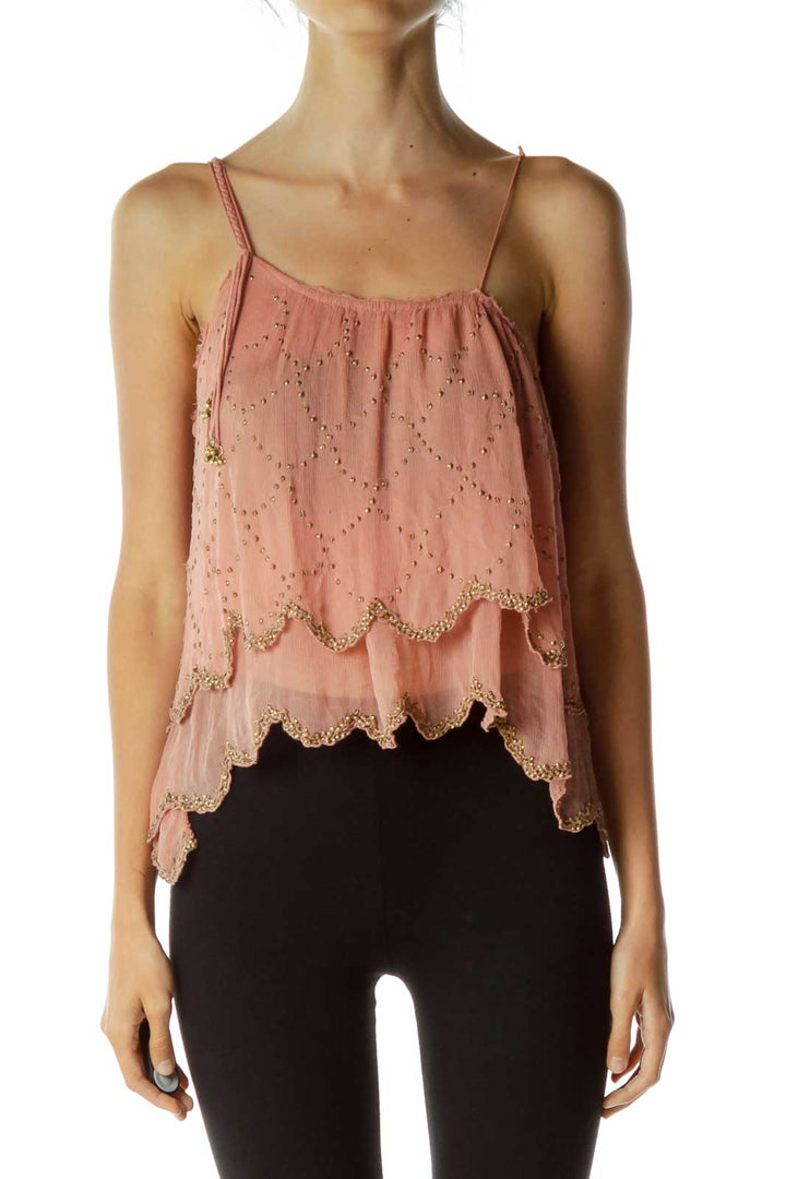 Front view of Free People pink layered lace camisole top with scalloped hem