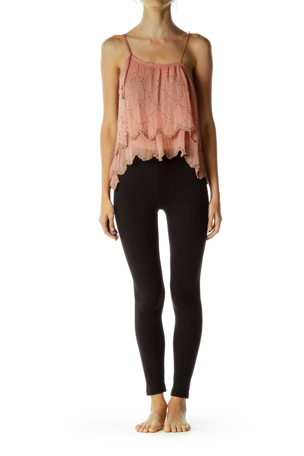 Front view of Free People pink layered lace camisole top with scalloped hem