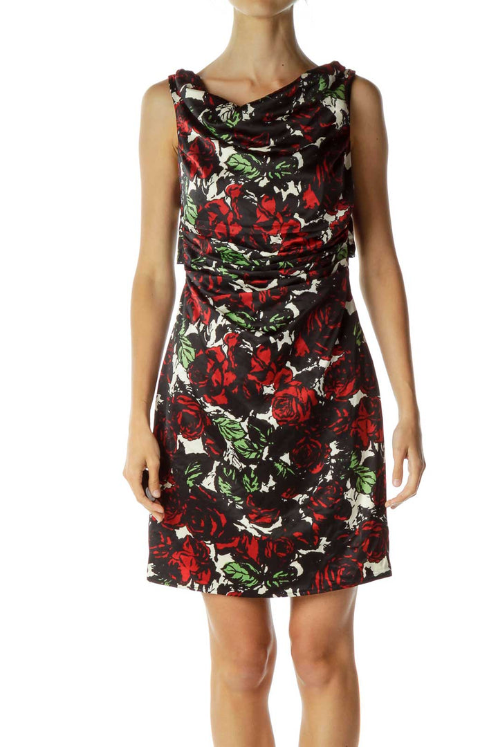 Black Red Open-Back Floral Sheath Dress