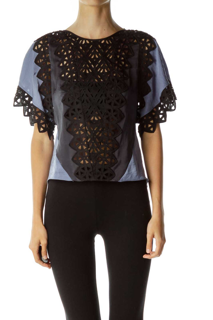 Blue Black Embroidered Blouse