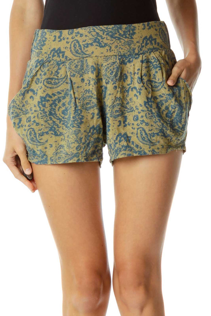 Front view of Free People beige and blue paisley print high-waisted shorts