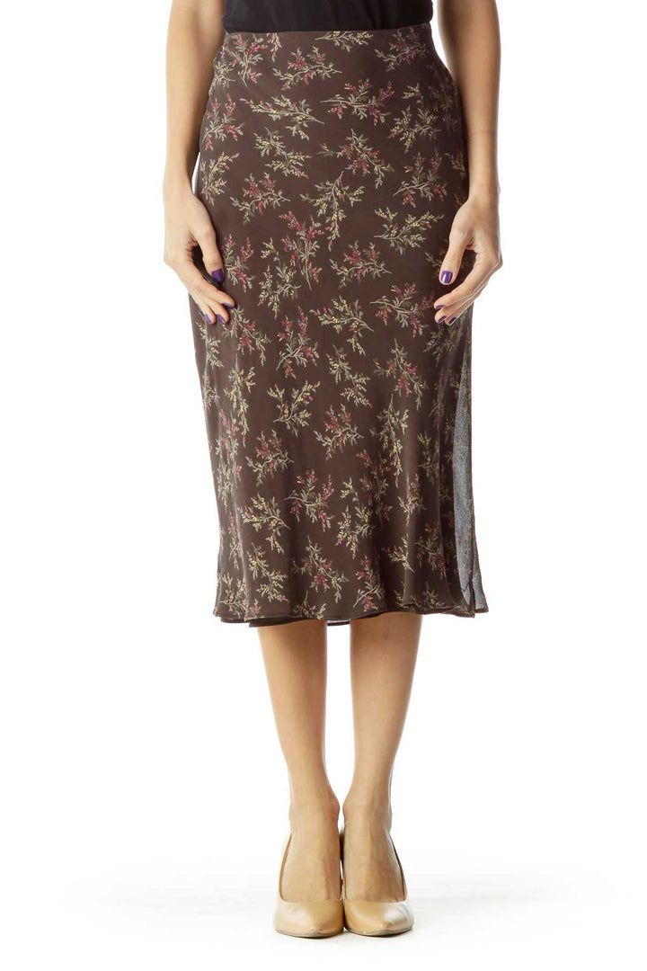 Brown Floral Knee-Length Skirt