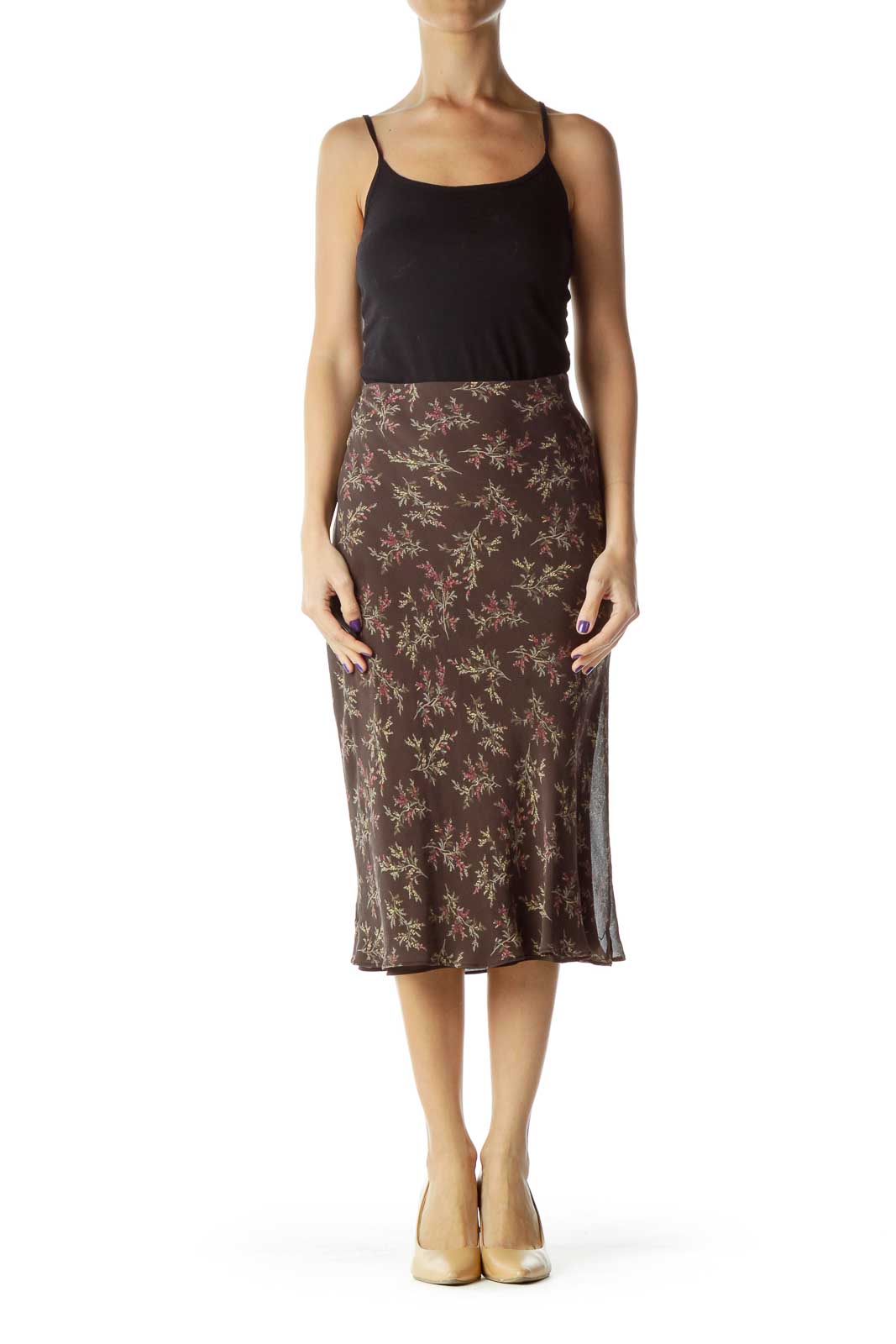 Brown Floral Knee-Length Skirt