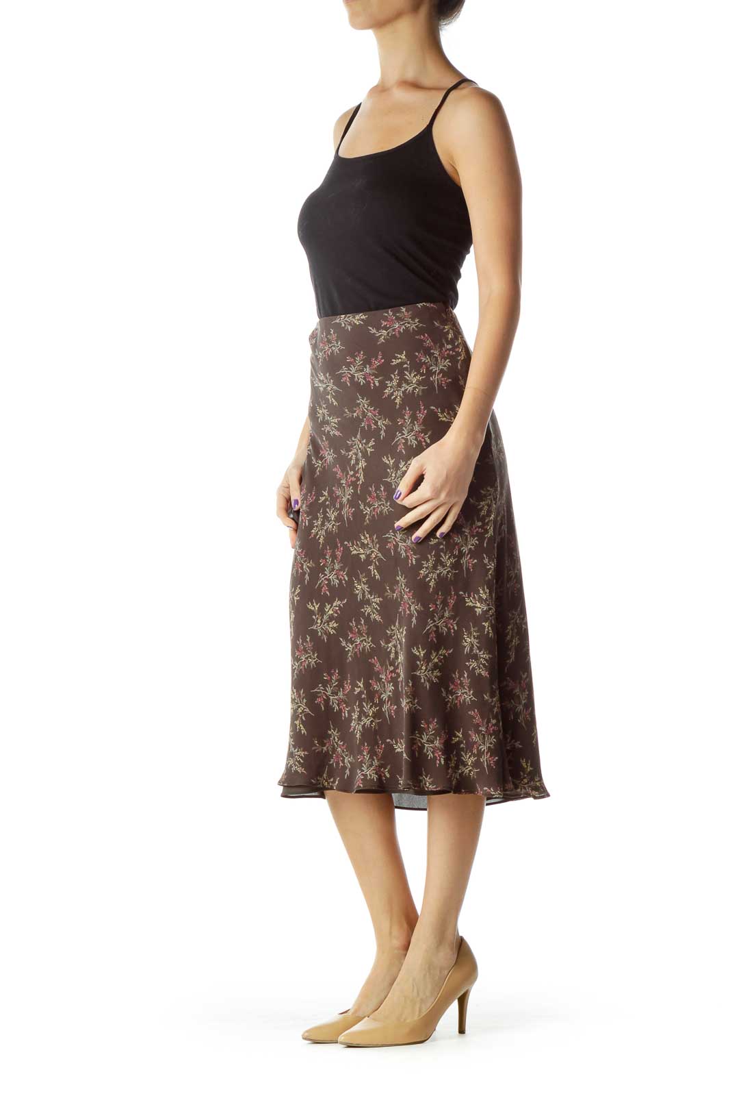 Brown Floral Knee-Length Skirt