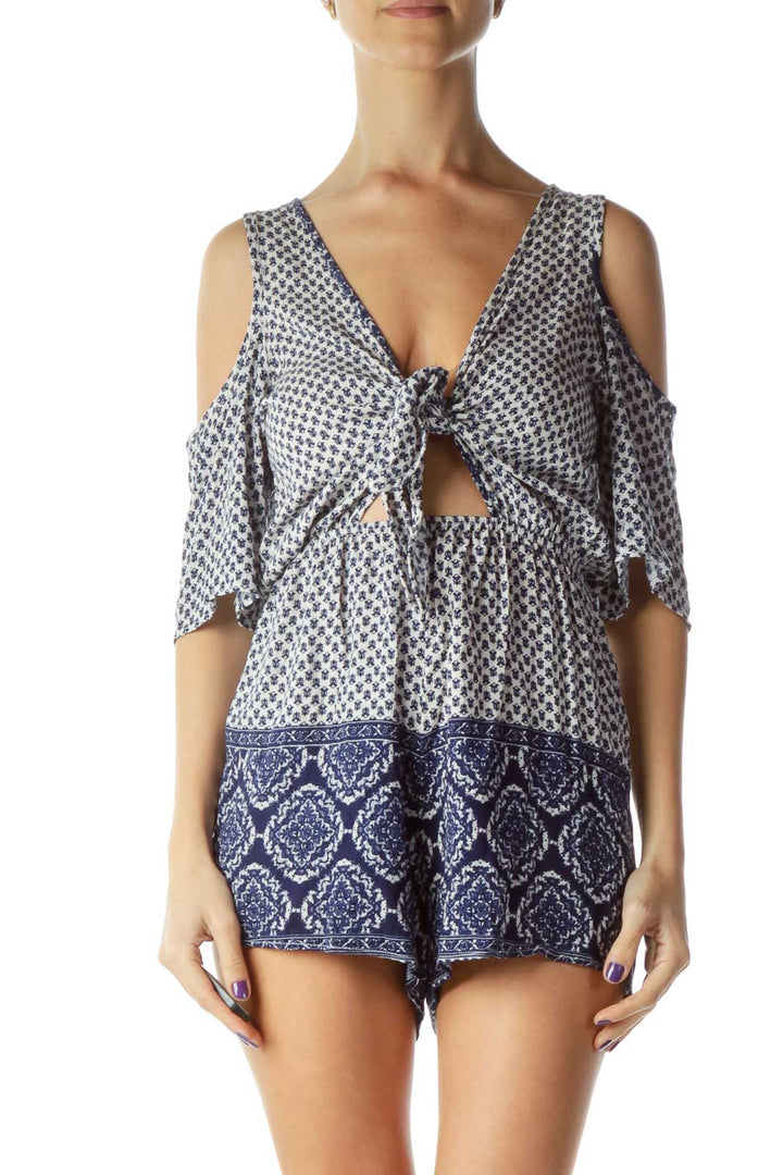 Blue White Off-Shoulder Print Romper