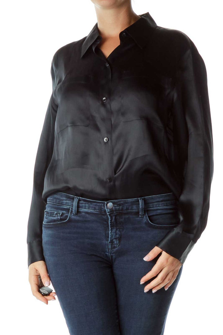 Navy Silk Long-Sleeve Blouse