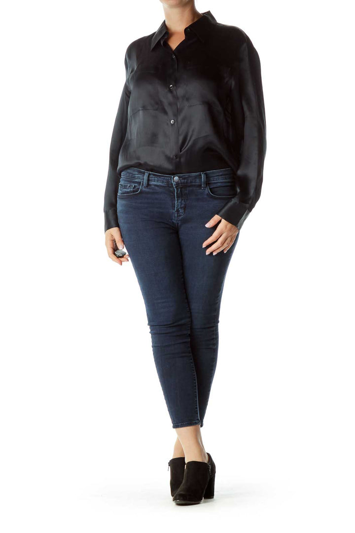 Navy Silk Long-Sleeve Blouse